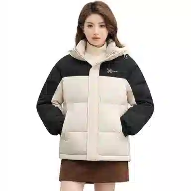 鸭鸭 拉链连帽撞色拼接情侣面包服防寒羽绒服 女款