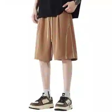 稻草人 经典条纹拼接设计美式高街纯色松紧系带宽松百搭户外直筒阔腿透气通勤五分休闲短裤 男女同款