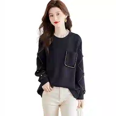 丝柏舍 拼接木耳边圆领套头宽松立体花朵拼色休闲设计感长袖卫衣 女款 藏青色