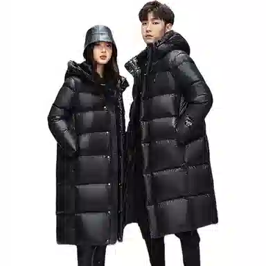 鸭鸭 黑金标奢金保暖加厚纯色过膝连帽防寒羽绒服 男女同款 黑色