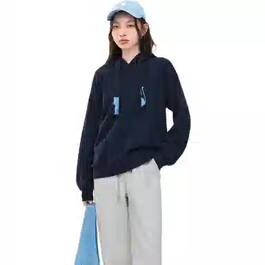 初语 藏青色可爱猫咪刺绣宽松加绒加厚连帽衫卫衣 女款