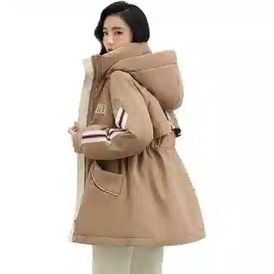 鸭鸭 拉链条纹连帽中长款羽绒服 女款