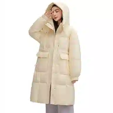 鸭鸭 拉链连帽纯色中长款羽绒服 女款