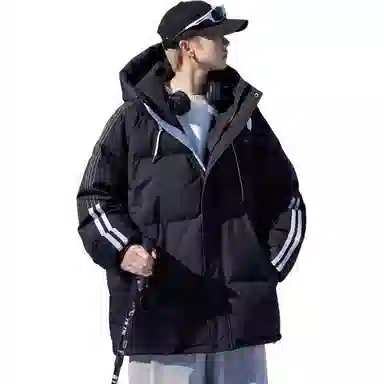 八哥 反季特卖白鸭绒美式高街基础款经典条纹面包服加绒加厚休闲宽松防寒外套连帽羽绒服 男女同款