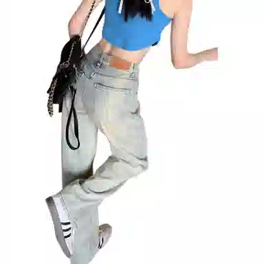 么宁 美式复古高腰做旧梨形身材显高宽松直筒阔腿拖地长裤牛仔裤 男女同款 牛仔蓝