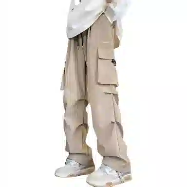 顶峰保罗 冰丝速干褶皱工装无性别主义长裤松紧腰弹力显高显瘦宽松大码透气百搭简约大口袋休闲裤 男女同款