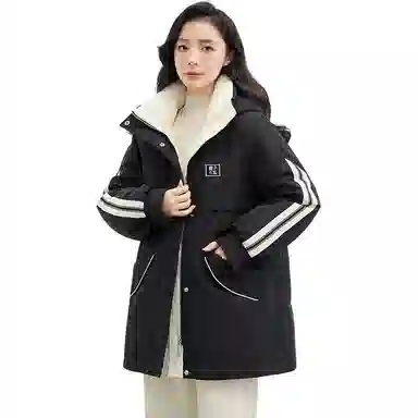 鸭鸭 拉链条纹连帽中长款羽绒服 女款