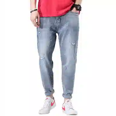 【dme】 水洗破洞褶皱微弹力修身高街纯色中腰直筒牛仔裤 男女同款 蓝色