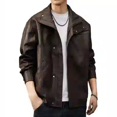 贵色 美式复古机车立领宽松纯色长袖皮衣 男款