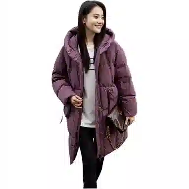 鸭鸭 纯色宽松连帽保暖中长款长袖羽绒服 女款
