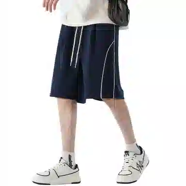 稻草人 经典条纹拼接设计美式高街纯色松紧系带宽松百搭户外直筒阔腿透气通勤五分休闲短裤 男女同款