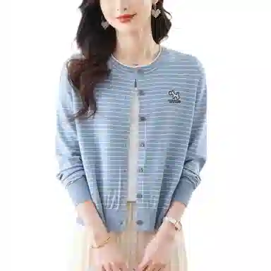 曲韩 宽松显瘦条纹开衫遮肉毛衣外套上衣女针织衫 女款