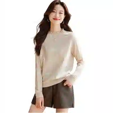 曲韩 纯色设计感蕾丝圆领打底长袖毛衣 女款