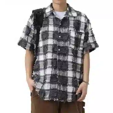 王者荣耀 美式复古格子流苏宽松舒适时尚百搭校园风少年感无性别休闲翻领纽扣短袖衬衫 男女同款