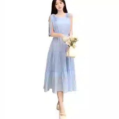 丝絮丝绸 法式高级感气质甜美收腰长裙无袖连衣裙 女款