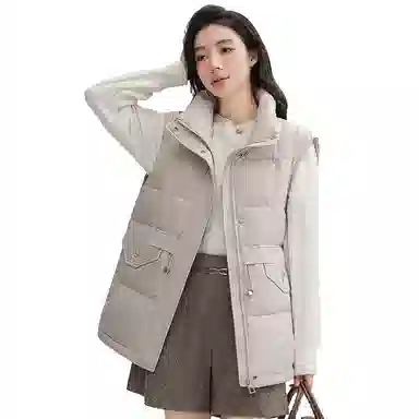 鸭鸭 立领抽绳收腰韩版时尚复古休闲羽绒马甲 女款