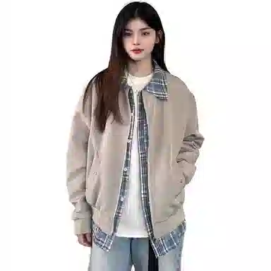 桴生 小众复古撞色格纹两件套情侣百搭外套夹克 女款