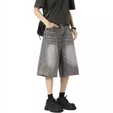 黑马漫画 设计感夏季水洗闪电纹美式高街宽松直筒牛仔短裤 男女同款