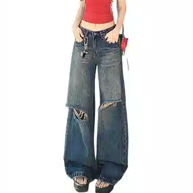 如续 破洞阔腿高腰高街宽松牛仔裤 女款