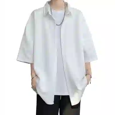 顶峰保罗 无性别主义痞帅潮牌薄款凉感亲肤透气宽松半袖休闲衬衣时尚百搭外套高级感短袖衬衫 男女同款