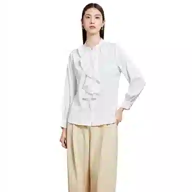 富铤 纯色立领荷叶边休闲长袖衬衫 女款
