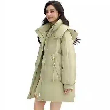 鸭鸭 纯色拉链连帽中长款羽绒服 女款