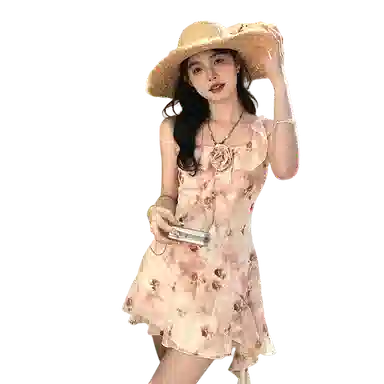 东鲸岁时记 植物花卉方领收腰吊带连衣裙 女款