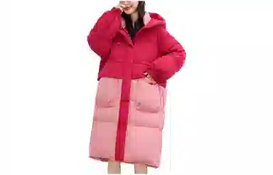 鸭鸭 撞色连帽加厚保暖长款长袖羽绒服 女款