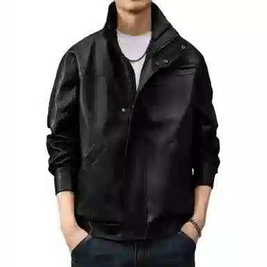 贵色 美式复古机车立领宽松纯色长袖皮衣 男款