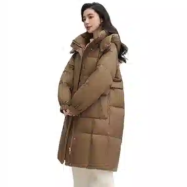 鸭鸭 拉链连帽纯色中长款羽绒服 女款