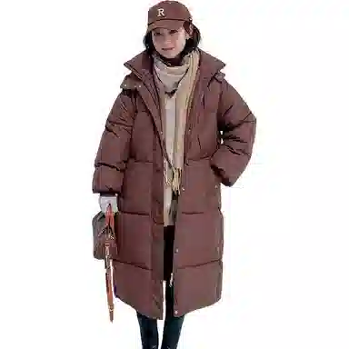 玉儿恋 长款过膝宽松加厚可拆卸帽棉服 女款