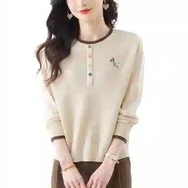 曲韩 春秋小个子圆领上衣女中年妈妈宽松薄款针织衫 女款