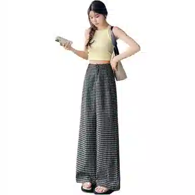 水中花 显瘦格子韩版显瘦百搭直筒裤休闲裤 女款