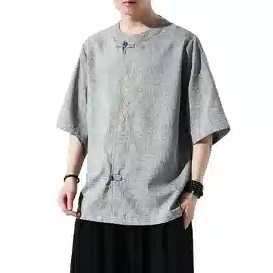 加荣 唐装中国风夏季薄款透气仿麻汉服短袖衬衫复古宽松盘扣立领潮流百搭大码青少年户外出行五分袖衬衣上衣 男女同款