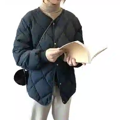 玉儿恋 宽松纯色菱形短款面包羽绒无领棉服 女款