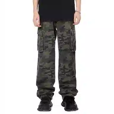 赞仕 美式复古迷彩工装拖地裤百搭高街宽松阔腿直筒加长版牛仔裤 男女同款 军绿色