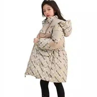 鸭鸭 童装 拼色满印白鸭绒中长款宽松休闲长袖羽绒服 儿童款