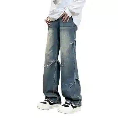 双星八特 复古铆钉春秋季宽松水洗直筒阔腿裤休闲长裤子牛仔裤 男款