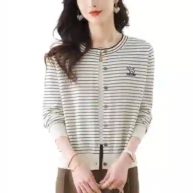 曲韩 宽松显瘦条纹开衫遮肉毛衣外套上衣女针织衫 女款