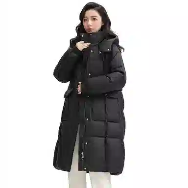 鸭鸭 拉链连帽纯色中长款羽绒服 女款