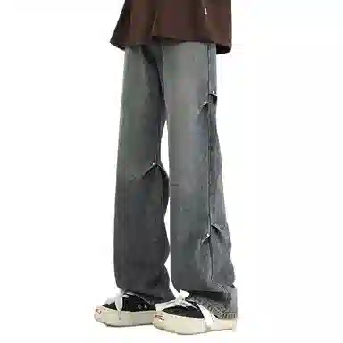 双星八特 复古铆钉春秋季宽松水洗直筒阔腿裤休闲长裤子牛仔裤 男款