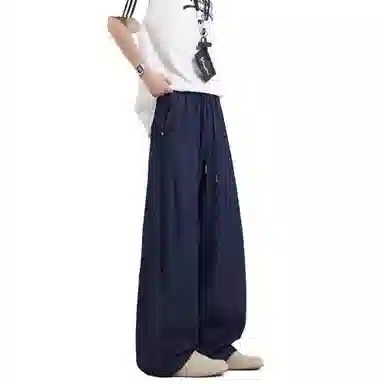 美式高街风格多元素融合水洗复古拼接坠感阔腿弯刀裤通勤百搭宽松大码休闲裤潮流牛仔裤 男女同款 经典牛仔蓝