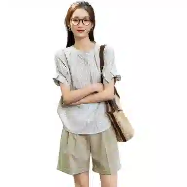 【dme】 宽松立领休闲短袖衬衫 女款 黑白条纹