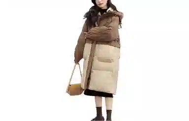 鸭鸭 撞色连帽加厚保暖长款长袖羽绒服 女款