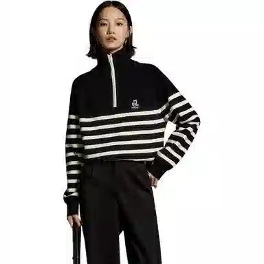 初语 拉链半领条纹套头洋气减龄加厚宽松毛衣针织衫 女款