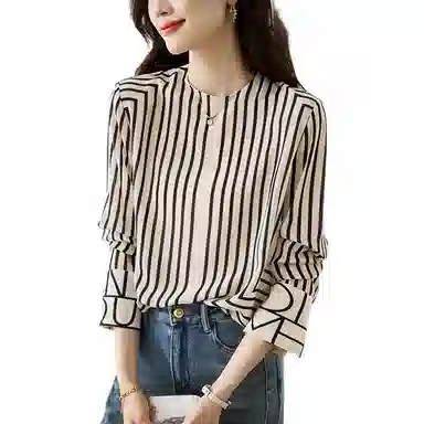 曲韩 条纹圆领拉链宽松长袖衬衫 女款 条纹
