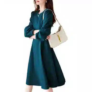 【dme】 纯色中腰圆领长袖连衣裙