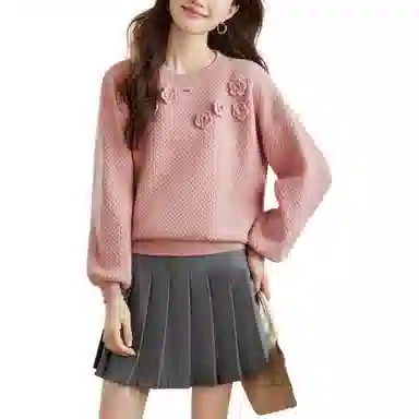 曲韩 纯色百搭简约花朵毛衣 女款