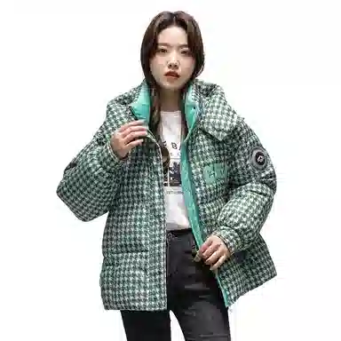 鸭鸭 经典抗寒时尚千鸟格连帽保暖短款羽绒服 女款