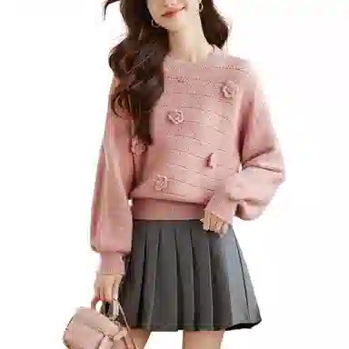 曲韩 圆领立体花朵百搭毛衣 女款